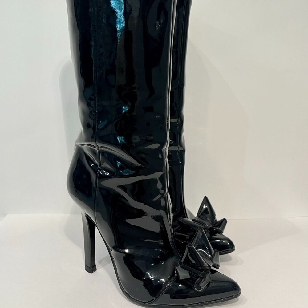 Roberto Cavalli Black Patent Bow 4" High-Heeled Boots